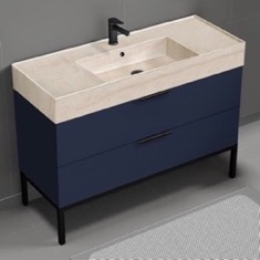 Modern Bathroom Vanity, Blue, 48 inch, Travertine Style Sink, Free Standing